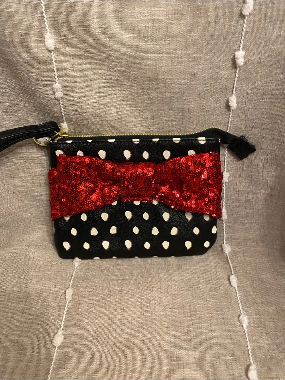 Black Polka Dot Wristlet with Red Sequin Bow
